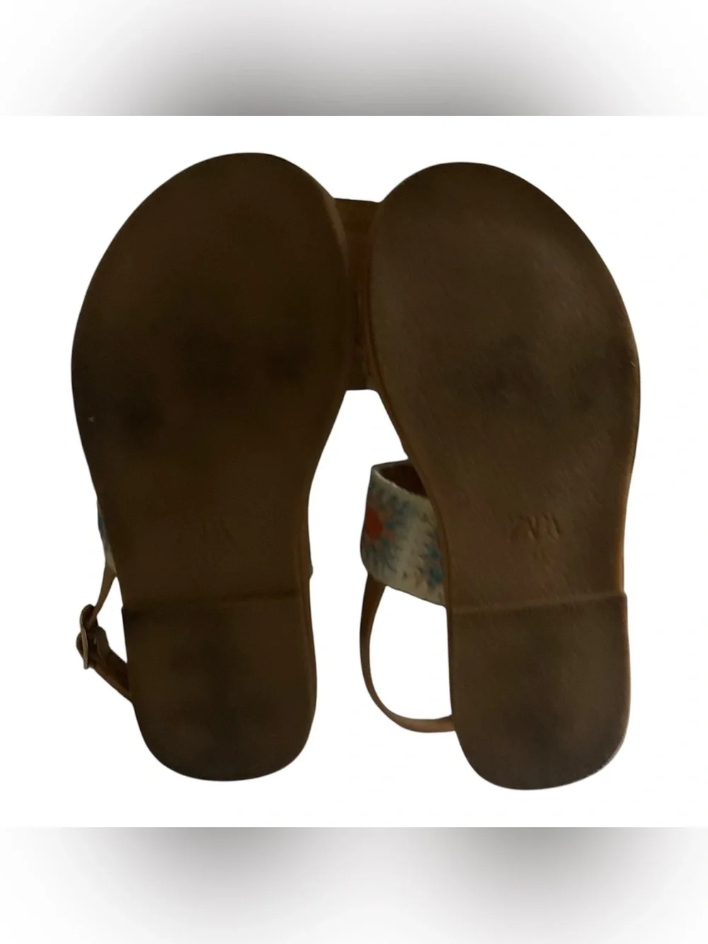 Zara Tan Leather Sandals with Multicolor Crochet Straps Girl 13